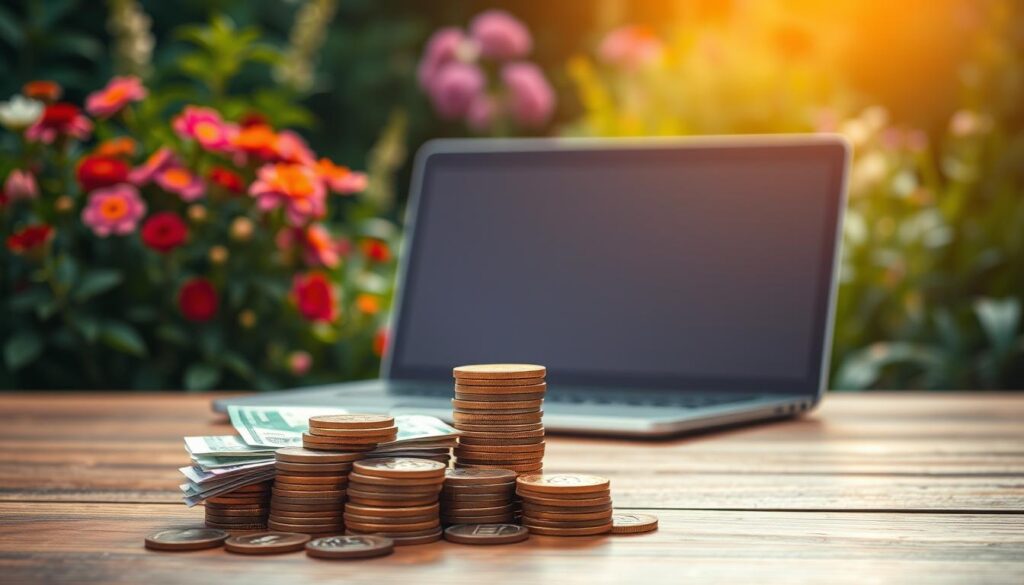 A serene scene of financial stability and growth. In the foreground, a stack of coins and bills sits atop a wooden table, symbolizing the fruits of prudent saving. Behind it, a lush garden with vibrant greenery and blooming flowers represents the flourishing investments. The middle ground features a sleek, modern laptop, hinting at the digital tools and platforms that enable savvy financial management. The background is bathed in warm, golden light, conveying a sense of prosperity and well-being. The overall composition evokes a harmonious balance between saving and investing, a path to financial abundance and security.