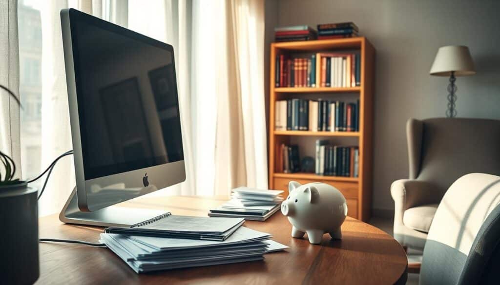 A serene, sun-dappled home office with a wooden desk, showcasing a computer monitor, a stack of financial documents, and a piggy bank. In the background, a bookshelf with books on personal finance, investment, and retirement planning. A cozy armchair sits nearby, inviting contemplation. Soft, natural lighting filters through sheer curtains, creating a warm, inviting atmosphere. The scene conveys a sense of financial security and long-term planning for a comfortable retirement.