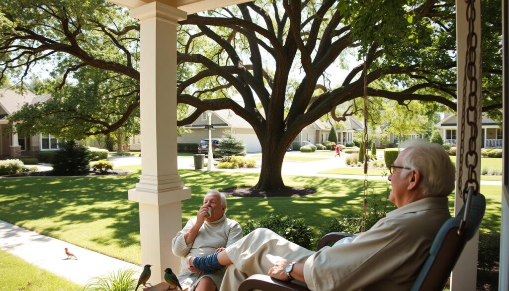 A serene, sun-dappled retirement scene. In the foreground, a retiree relaxes on a comfortable porch swing, sipping coffee and gazing contentedly at a lush, well-manicured garden. In the middle ground, a mature oak tree casts dappled shadows, and a bird feeder attracts a variety of colorful songbirds. The background features a picturesque suburban neighborhood, with tidy homes and neatly trimmed lawns. The overall atmosphere evokes a sense of tranquility, financial security, and the fulfillment of a lifetime of prudent retirement planning.
