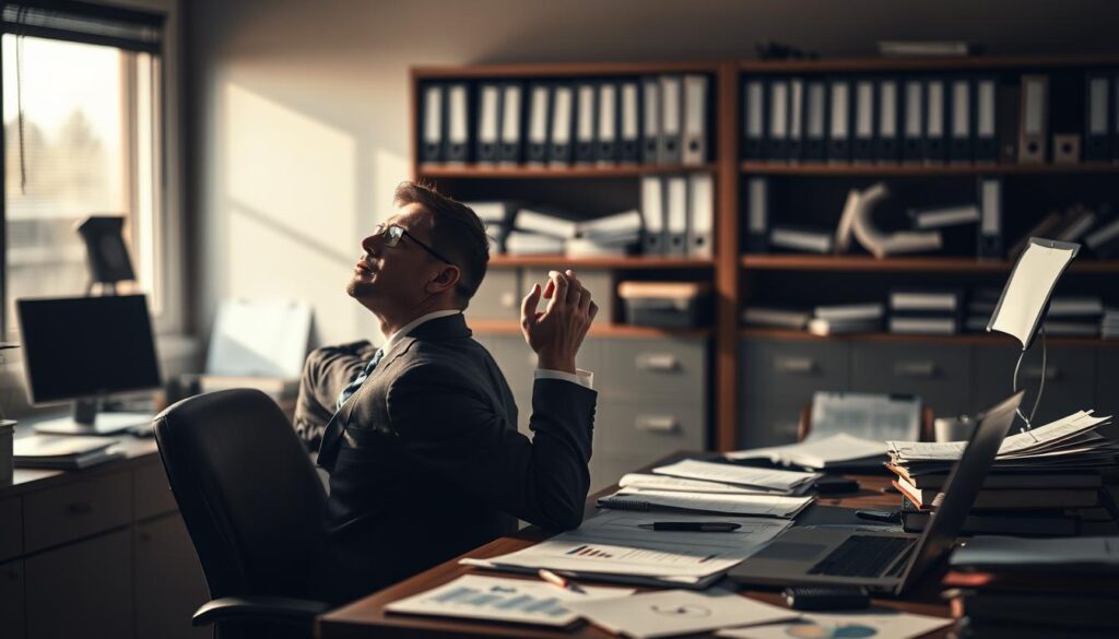 A serene yet pensive office scene, with a desk cluttered with documents, charts, and a laptop, symbolizing the complexities of asset management. The lighting is soft and muted, casting shadows that highlight the tension and challenges. In the foreground, a frustrated executive leans back in their chair, hands clasped in deep thought, contemplating the intricacies of navigating asset portfolios. The background features blurred shelves of binders and filing cabinets, hinting at the vast amount of information and records involved in this field. The overall atmosphere conveys a sense of contemplation and the need for innovative solutions to the problems of asset management.