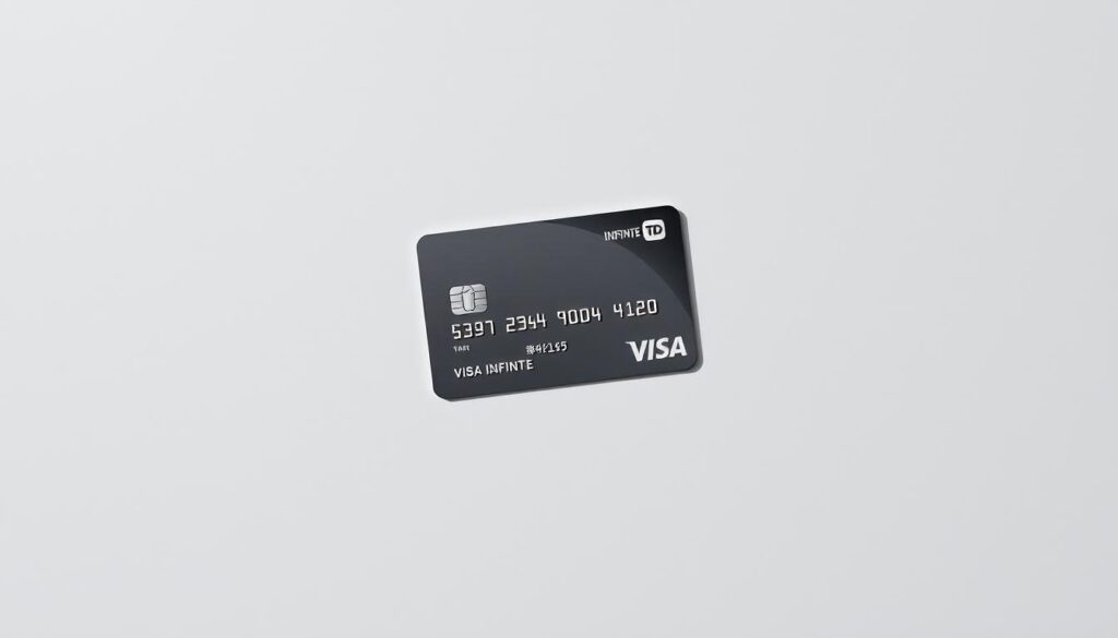 A sleek and modern credit card with the TD Visa Infinite logo prominently displayed on a clean, minimalist background. The card is positioned in the center, casting a subtle shadow on the surface. The background is a soft, muted gray, creating a sense of elegance and sophistication. Soft, directional lighting illuminates the card, highlighting its metallic finish and refined design. The overall composition conveys a sense of prestige and exclusivity, reflecting the high-end nature of the TD Visa Infinite card and its eligibility requirements.
