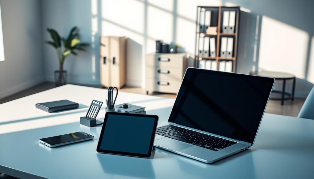 A sleek and modern office workspace, featuring a variety of high-quality management tools and software displayed on a clean, minimalist desk. Crisp lighting casts long shadows, highlighting the elegant lines and ergonomic design of the equipment. In the foreground, a laptop, tablet, and smartphone sit alongside a stylish desk organizer, creating a cohesive, professional setup. The middle ground showcases a sophisticated filing cabinet and bookshelf, hinting at the organizational prowess of the asset management software. The background subtly implies a serene, distraction-free environment, allowing the user to focus intently on the task at hand.