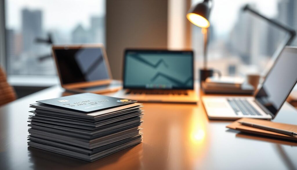 A sleek and modern visualization of the TD Visa Infinite eligibility criteria. In the foreground, a stack of credit cards and important documents, meticulously arranged to convey the necessary requirements. The middle ground features a clean, minimalist desktop setting with a laptop and other office accessories, evoking a professional atmosphere. The background showcases a blurred cityscape, hinting at the prestige and status associated with the Visa Infinite card. Warm, soft lighting emanates from the desk, creating a sense of refinement and attention to detail. The overall composition aims to be visually appealing while clearly communicating the key information about Visa Infinite eligibility.