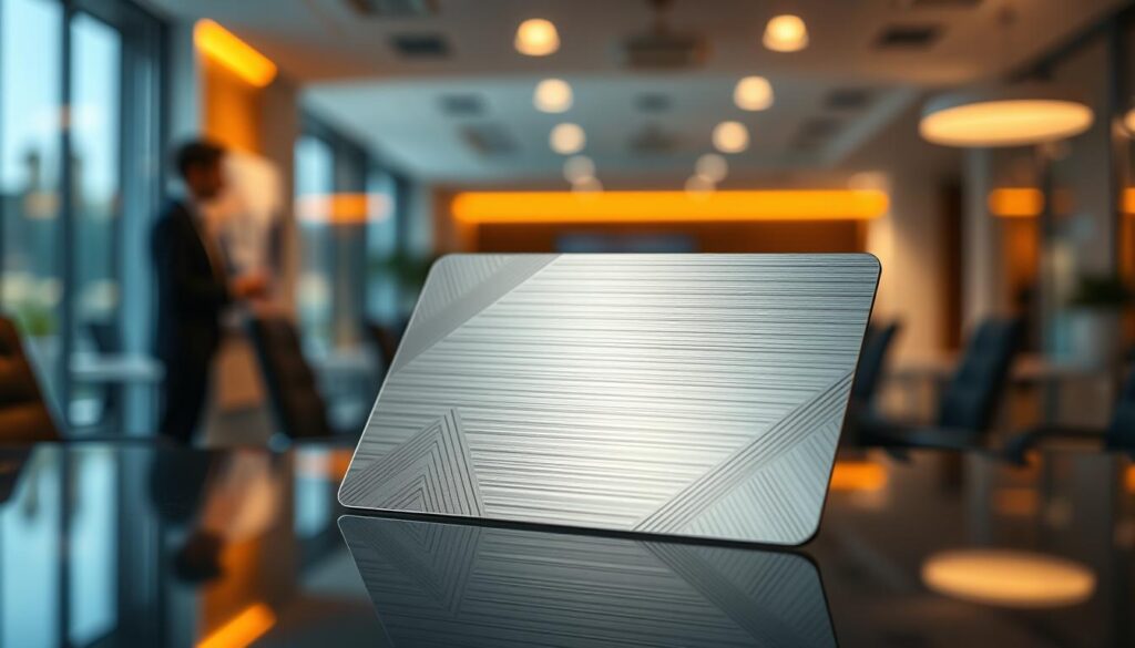 A sleek, modern corporate card made of metallic material, reflecting the polished ambience of a professional business setting. The card is adorned with a subtle, minimalist design featuring geometric patterns or a minimal logo, conveying a sense of sophistication and prestige. The card is presented against a backdrop of a clean, well-lit office environment, with a shallow depth of field to focus attention on the card itself. Warm, directional lighting accentuates the card's texture and sheen, creating a sense of high-end, premium quality. The overall composition and styling evoke a sense of exclusivity, reliability, and financial power suitable for a business or professional audience.