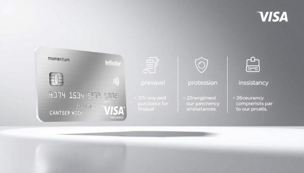A sleek, modern illustration of the Momentum Visa Infinite insurance coverage. In the foreground, a polished metal credit card casts a subtle reflection, showcasing the elegant design and Infinite branding. The middle ground features a clean, minimalist layout with icons and infographic elements detailing the comprehensive insurance benefits, including travel, purchase protection, and emergency assistance. The background is a softly blurred gradient, maintaining focus on the key information. Crisp, directional lighting accentuates the premium, sophisticated aesthetic, conveying a sense of confidence and financial security.