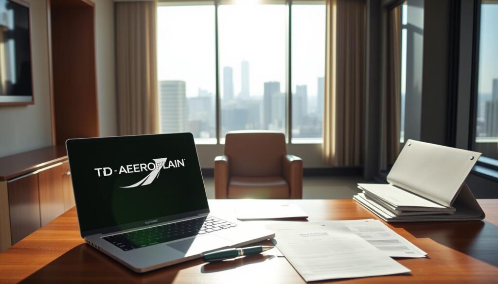 A sleek, modern office interior with natural lighting streaming through large windows. In the foreground, a wooden desk with a laptop, a pen, and a stylized Aeroplan logo. On the desk, various documents and folders neatly arranged, suggesting the eligibility requirements for the TD Aeroplan Visa Infinite Card. The middle ground features a comfortable leather chair, hinting at the target audience. The background showcases a cityscape view, reinforcing the professional, financial context. The overall atmosphere is one of sophistication, attention to detail, and the opportunity to unlock valuable travel rewards.