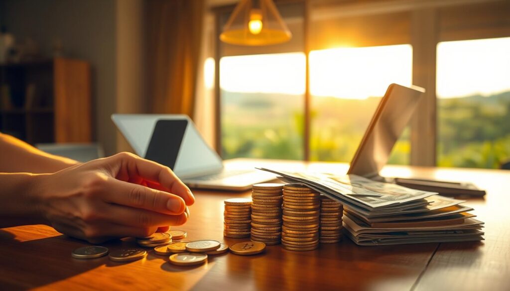 A stack of gold coins and banknotes on a wooden table, with a glowing light source above, casting warm and inviting shadows. In the foreground, a pair of hands carefully counting the money, conveying a sense of diligence and financial planning. In the middle ground, a laptop and a notebook, suggesting the use of digital tools and strategies to boost income. In the background, a lush, verdant landscape visible through a window, symbolizing the potential for growth and prosperity. The overall mood is one of focus, determination, and a sense of financial well-being.