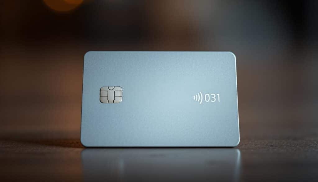 A stately, metallic-textured payment card positioned in the center of the frame, reflecting soft, warm lighting. The card's surface displays a subtle, minimalist design, conveying a sense of sophistication and elegance. The background is blurred, creating a sense of depth and focus on the card itself. The overall mood is one of refinement and considered choice, capturing the essence of the "Κριτήρια για την επιλογή της κατάλληλης κάρτας στην Ελλάδα" section.