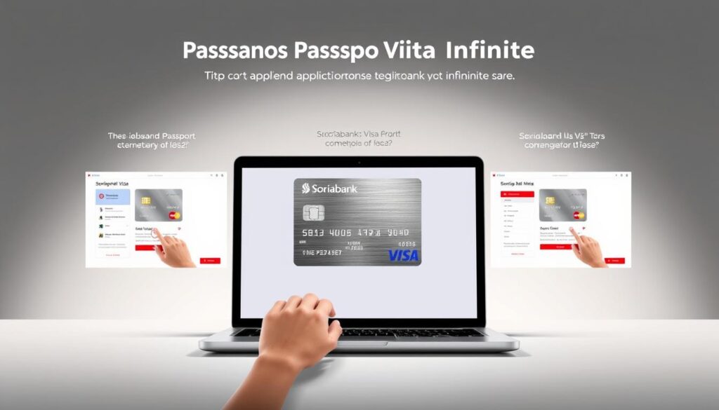 A step-by-step visual guide to the Scotiabank Passport Visa Infinite application process, captured in a clean, modern illustration. The foreground depicts a laptop screen displaying the various application steps, with a professional-looking hand navigating through the digital interface. The middle ground showcases the Scotiabank Passport Visa Infinite card, its sleek metallic design reflecting the ambient studio lighting. The background features a subtle gradient, creating a sense of depth and emphasizing the simplicity and efficiency of the application experience.