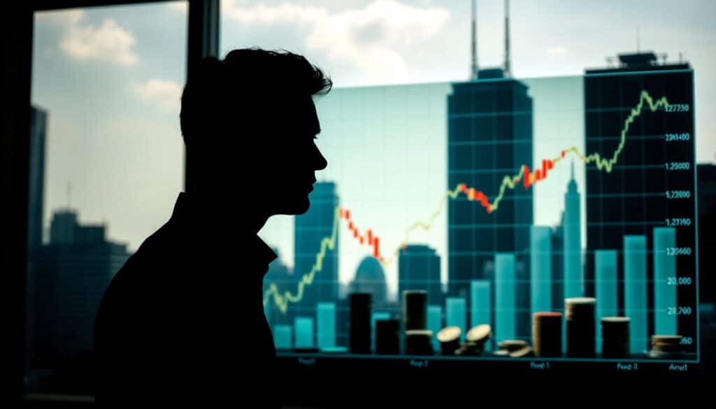 A stock market analysis with a strategist's focus. In the foreground, a silhouetted figure gazes contemplatively at a graph displaying market trends and investment opportunities. The middle ground features various financial instruments such as stocks, bonds, and coins, arranged in a visually balanced composition. The background has a city skyline with towering skyscrapers, conveying the scale and complexity of the financial world. The lighting is dramatic, casting long shadows and highlighting the gravity of the investment decisions. The overall mood is one of careful consideration and strategic planning, reflecting the section title "Στρατηγικές Επένδυσης στις Μετοχές".
