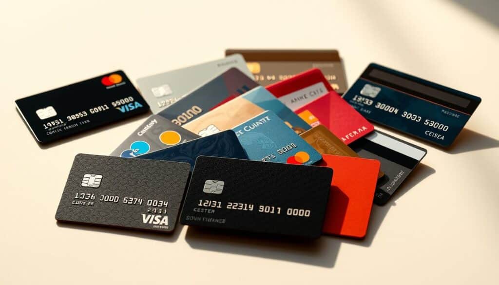 A striking still life composition showcasing an assortment of credit, debit, and loyalty cards. The cards are arranged artfully on a sleek, reflective surface, casting subtle shadows that add depth and dimension. Warm, directional lighting illuminates the cards, highlighting their textured surfaces, embossed logos, and vibrant colors. The overall scene exudes a sense of sophistication and financial savvy, capturing the essence of the "Card" section in the article "Unlock the Best Card Deals Today!".