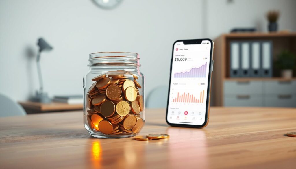 A stunning, photorealistic visualization of financial savings. In the foreground, a transparent glass jar filled with gold coins, casting warm, glowing reflections on the smooth, wooden surface below. In the middle ground, a sleek, modern mobile device displays a savings tracker app, its interface showcasing vibrant charts and graphs tracking financial growth. The background depicts a softly blurred, minimalist office space, with clean lines and a soothing, muted color palette, conveying a sense of organization and productivity. Soft, directional lighting from an unseen source creates subtle shadows and highlights, emphasizing the three-dimensional depth and tangibility of the scene. The overall mood is one of control, progress, and a sense of financial security.
