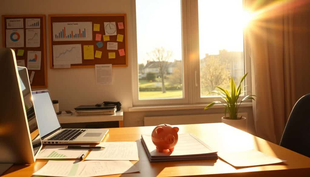 A sunlit home office, where financial goals take center stage. In the foreground, a desk with a laptop, paperwork, and a piggy bank - symbols of debt payoff strategies. The middle ground features a corkboard displaying charts, calendars, and sticky notes - tangible reminders of financial milestones. The background showcases a window overlooking a tranquil suburban landscape, conveying a sense of clarity and focus. Warm, golden lighting casts a hopeful glow, as the scene invites the viewer to envision their own path to financial freedom.