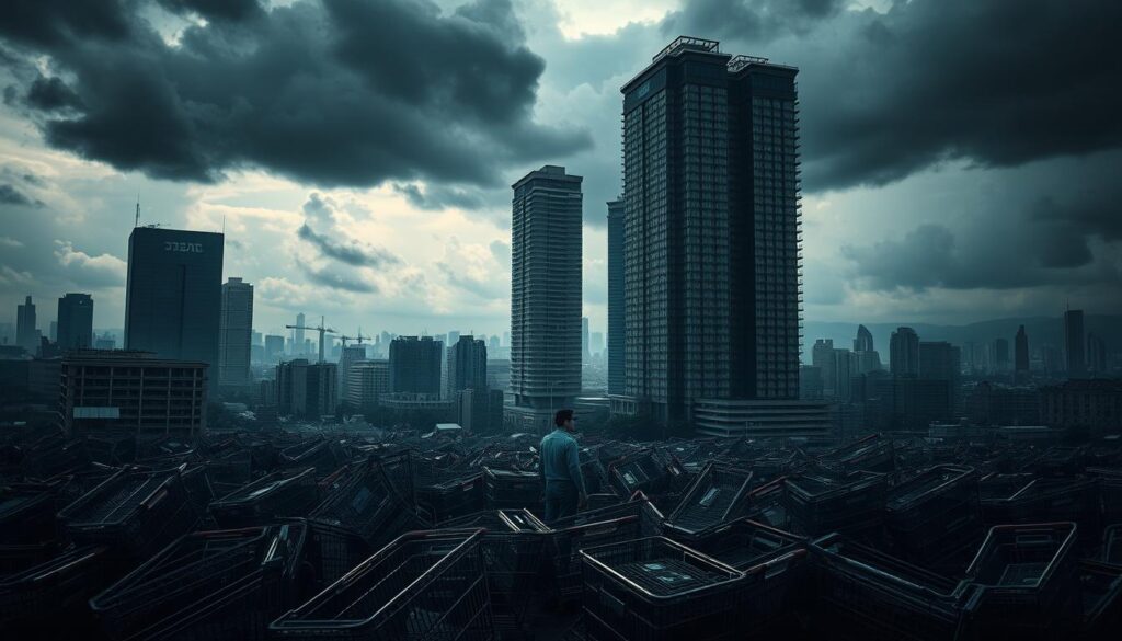 A tense and ominous atmosphere envelopes a sprawling urban landscape, as the weight of economic pressures and rising costs bear down on the city. In the foreground, a lone figure stands amidst a sea of discarded shopping carts, symbolizing the strain on household budgets. The middle ground is dominated by towering skyscrapers, their facades adorned with the Greek letter "ακρίβεια", casting an oppressive shadow over the scene. In the distance, storm clouds gather, reflecting the sense of uncertainty and financial turmoil. The lighting is moody and dramatic, with deep shadows and highlights that accentuate the sense of economic strain. The overall composition conveys a sense of unease, as the viewer is left to ponder the impact of rising prices and economic pressures on the Greek populace. A tense and ominous atmosphere envelopes a sprawling urban landscape, as the weight of economic pressures and rising costs bear down on the city. In the foreground, a lone figure stands amidst a sea of discarded shopping carts, symbolizing the strain on household budgets. The middle ground is dominated by towering skyscrapers, their facades adorned with the Greek letter "ακρίβεια", casting an oppressive shadow over the scene. In the distance, storm clouds gather, reflecting the sense of uncertainty and financial turmoil. The lighting is moody and dramatic, with deep shadows and highlights that accentuate the sense of economic strain. The overall composition conveys a sense of unease, as the viewer is left to ponder the impact of rising prices and economic pressures on the Greek populace.
