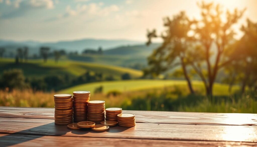 A tranquil scene of financial prosperity. In the foreground, a stack of gold coins and a piggy bank sit atop a wooden table, casting warm, inviting shadows. In the middle ground, a lush, verdant landscape unfolds, dotted with rolling hills and swaying trees. The background is filled with a serene, cloudless sky, bathed in the soft, golden glow of the afternoon sun. The overall atmosphere conveys a sense of stability, growth, and the rewards of wise financial management. The composition is balanced, with a harmonious blend of natural and manmade elements, symbolizing the delicate balance between saving and investing.