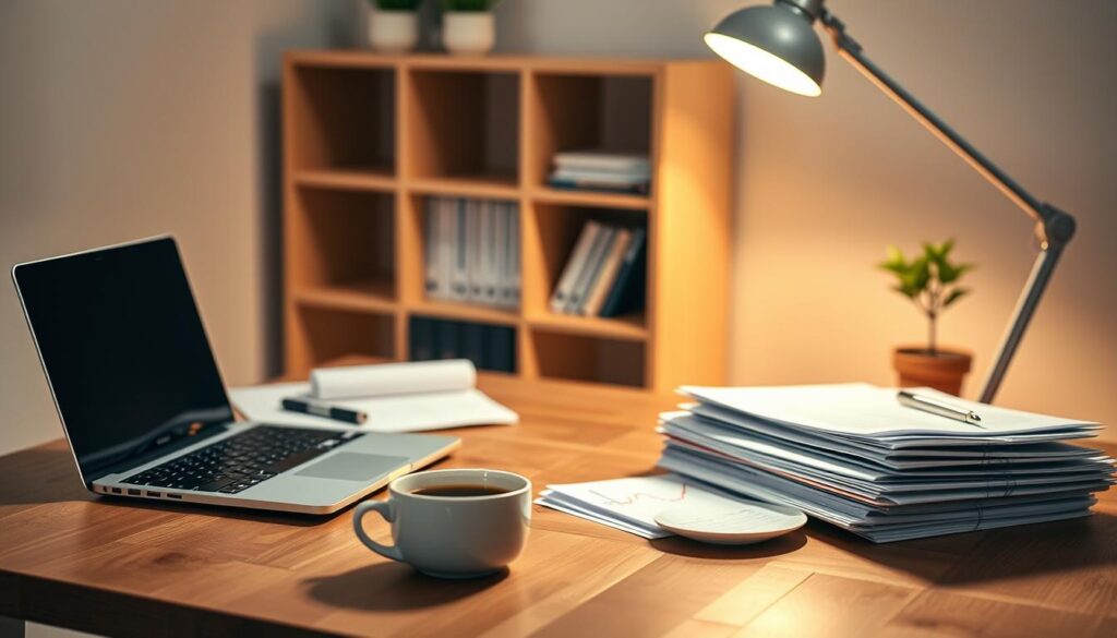A tranquil study area with a wooden desk, a laptop, a cup of coffee, and a stack of neatly organized financial documents. The soft, warm lighting from a desk lamp casts a cozy glow, creating a serene and focused atmosphere. In the background, a minimalist bookshelf houses personal finance books and a small, potted plant adds a touch of natural greenery. The scene conveys a sense of mindful money management, with a focus on cultivating healthy financial habits through organization, education, and a calm, intentional approach to personal finances.