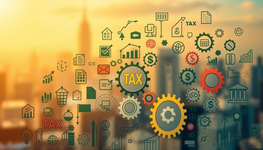 A vibrant and dynamic illustration depicting various types of tax regulations and policies. In the foreground, a diverse collection of symbolic icons and graphics representing different tax categories, such as income tax, corporate tax, value-added tax, and so on. In the middle ground, a series of interconnected gears and cogs, symbolizing the complex machinery of the tax system. In the background, a blurred cityscape, hinting at the broader economic and societal context in which these tax regulations operate. The overall composition is illuminated by a warm, diffused lighting, creating a sense of depth and atmosphere. The image should convey a sense of the multifaceted and intricate nature of tax regulations, while maintaining a visually engaging and informative style.