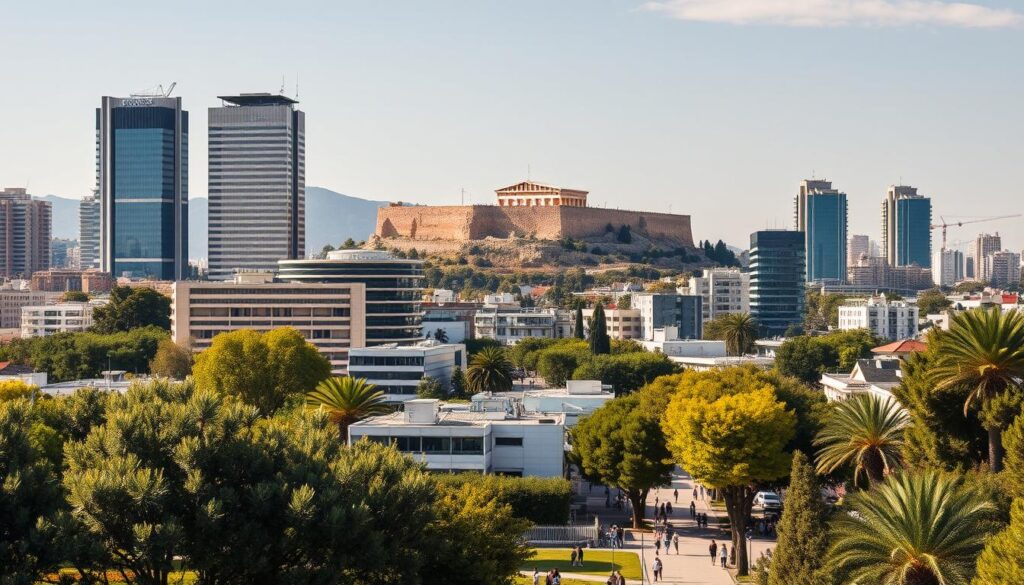 A vibrant cityscape showcasing Greece's diverse investment sectors. Towering skyscrapers housing financial institutions stand tall, complemented by sleek modern buildings housing tech startups. In the foreground, lush green parks provide a serene contrast, with people strolling and enjoying the Mediterranean sun. The middle ground features bustling commercial hubs, bustling with activity as entrepreneurs and investors discuss their latest ventures. The background is dominated by the iconic Acropolis, a timeless reminder of Greece's rich history. The scene is bathed in a warm, golden light, conveying a sense of prosperity and optimism. The overall composition reflects the dynamism and potential of Greece's investment landscape. A vibrant cityscape showcasing Greece's diverse investment sectors. Towering skyscrapers housing financial institutions stand tall, complemented by sleek modern buildings housing tech startups. In the foreground, lush green parks provide a serene contrast, with people strolling and enjoying the Mediterranean sun. The middle ground features bustling commercial hubs, bustling with activity as entrepreneurs and investors discuss their latest ventures. The background is dominated by the iconic Acropolis, a timeless reminder of Greece's rich history. The scene is bathed in a warm, golden light, conveying a sense of prosperity and optimism. The overall composition reflects the dynamism and potential of Greece's investment landscape.