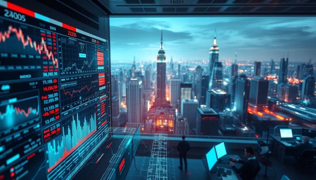 A vibrant, data-driven visualization of the stock market in 2025, showcasing dynamic trends and patterns. Set against a sleek, modern backdrop, the foreground features a holographic display of stock tickers, charts, and financial analytics. The middle ground depicts a bustling trading floor, with brokers and analysts closely examining the data. In the background, a panoramic view of a futuristic cityscape, its skyscrapers and infrastructure reflecting the technological advancements transforming the financial landscape. Lighting is a harmonious blend of cool hues, casting an analytical, forward-thinking atmosphere. The overall composition conveys a sense of innovation, financial acumen, and the profound shifts shaping the market in the years ahead.