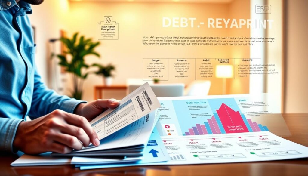 A vibrant financial blueprint, showcasing various debt repayment strategies. In the foreground, a person meticulously organizes financial documents, highlighting different payment plans. The middle ground features a visually engaging infographic, breaking down debt reduction techniques like the snowball and avalanche methods. The background depicts a serene, minimalist office setting, with warm lighting and clean lines, symbolizing a streamlined approach to financial wellness. This image conveys a sense of control, clarity, and a deliberate path to improving one's financial health through smart debt management.