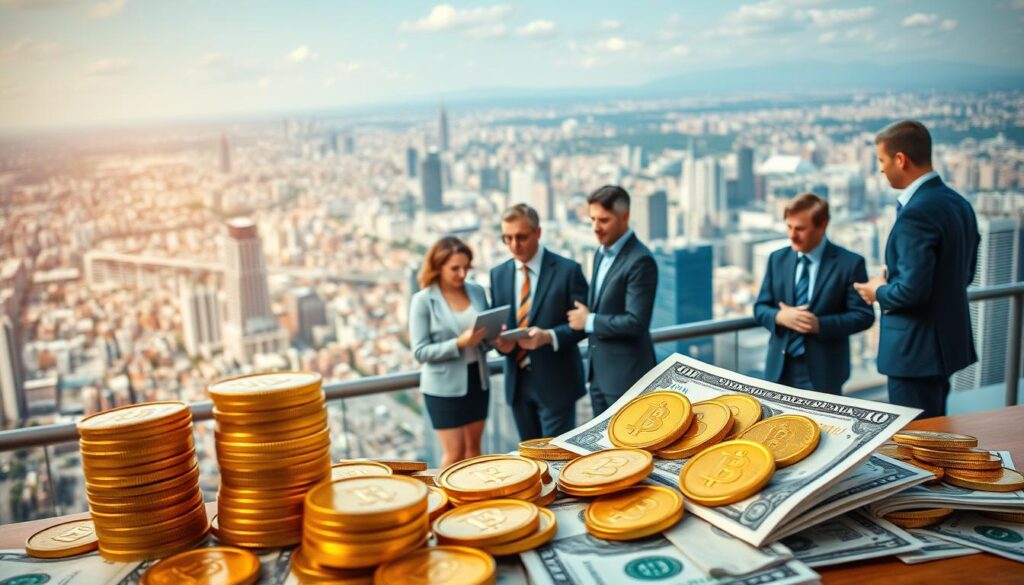 A vibrant, panoramic scene depicting the intricacies of monetary policy. In the foreground, a stack of gold coins and paper currency symbolize the financial instruments at the heart of economic decision-making. In the middle ground, a team of economists and policymakers engage in a lively discussion, their expressions conveying the gravity and complexity of their task. The background features a sprawling cityscape, its skyscrapers and infrastructure serving as a testament to the far-reaching impact of monetary policies. The lighting is warm and inviting, casting a soft, authoritative glow over the scene, as if to suggest the profound significance of the subject matter. The overall composition strikes a balance between the theoretical and the practical, reflecting the delicate equilibrium required in effective economic management.