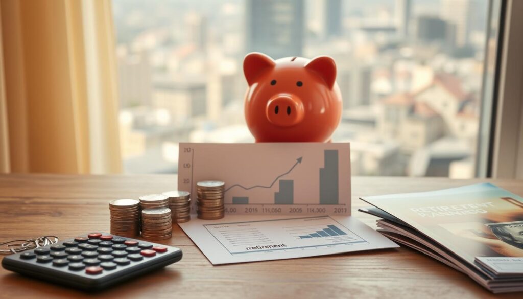 A vibrant savings piggy bank sits atop a wooden desk, surrounded by neatly stacked coins, bills, and a calculator. In the middle ground, a line graph depicts financial progress, while a financial report and a retirement planning guide rest nearby. The background features a soft, blurred cityscape, conveying a sense of financial stability and growth. Warm, natural lighting casts a contemplative mood, highlighting the importance of thoughtful financial planning for both short-term and long-term goals.