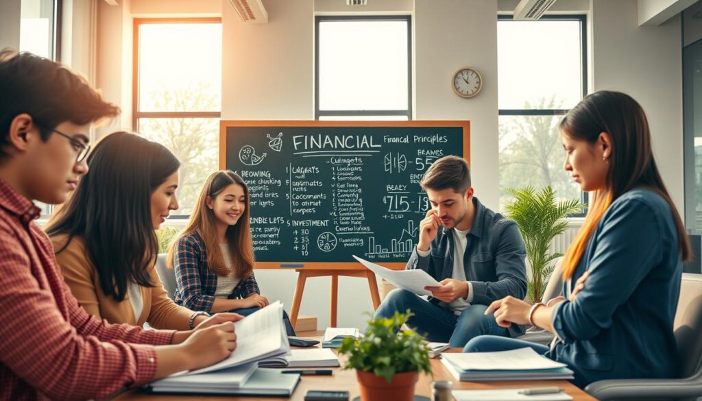 A vibrant scene of young people engaged in thoughtful financial management. In the foreground, a group of diverse individuals poring over budgets, analyzing charts, and discussing investment strategies, bathed in warm, natural lighting. In the middle ground, a chalkboard displaying key financial principles and concepts, conveying the essence of economic education. The background showcases a modern, minimalist office space, with sleek furniture and large windows, creating an atmosphere of professionalism and innovation. The overall mood is one of focus, collaboration, and a shared commitment to financial empowerment.
