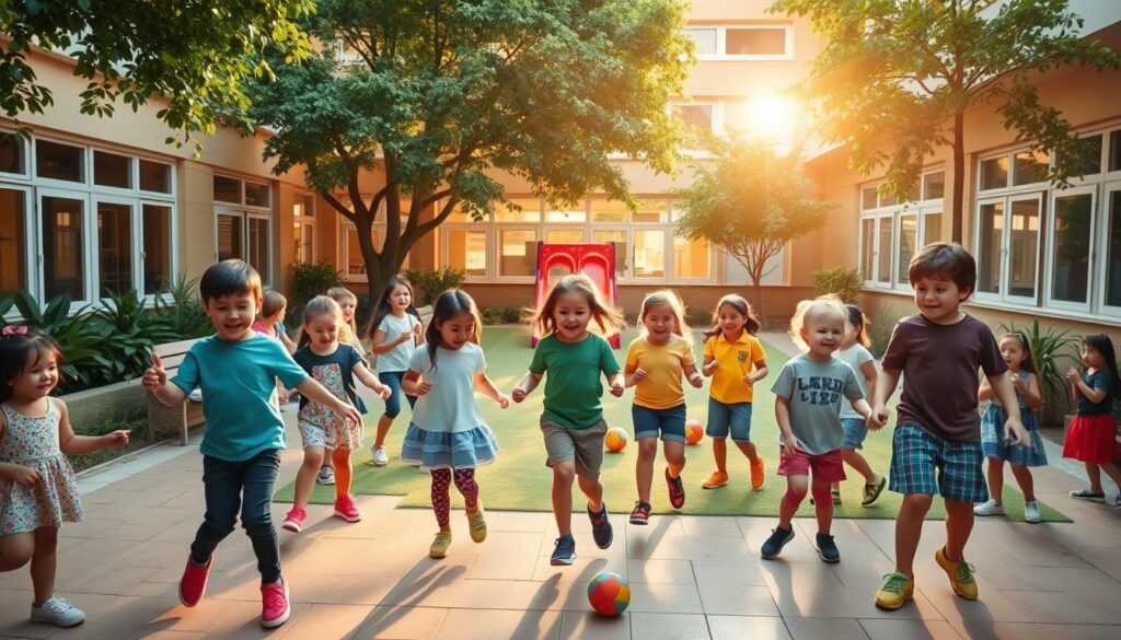 A vibrant schoolyard scene, sunlight pouring in through the windows, casting warm hues across the lively play area. Children of various ages engaged in a variety of activities - some skipping rope, others playing hopscotch, a group playing ball games in the center. Lush greenery and colorful playground equipment create a dynamic and inviting atmosphere. The children's laughter and joyful expressions convey a sense of unbridled energy and carefree fun. Captured with a wide-angle lens to encompass the full scope of the scene, the image emanates a sense of boundless possibilities for active, imaginative play.