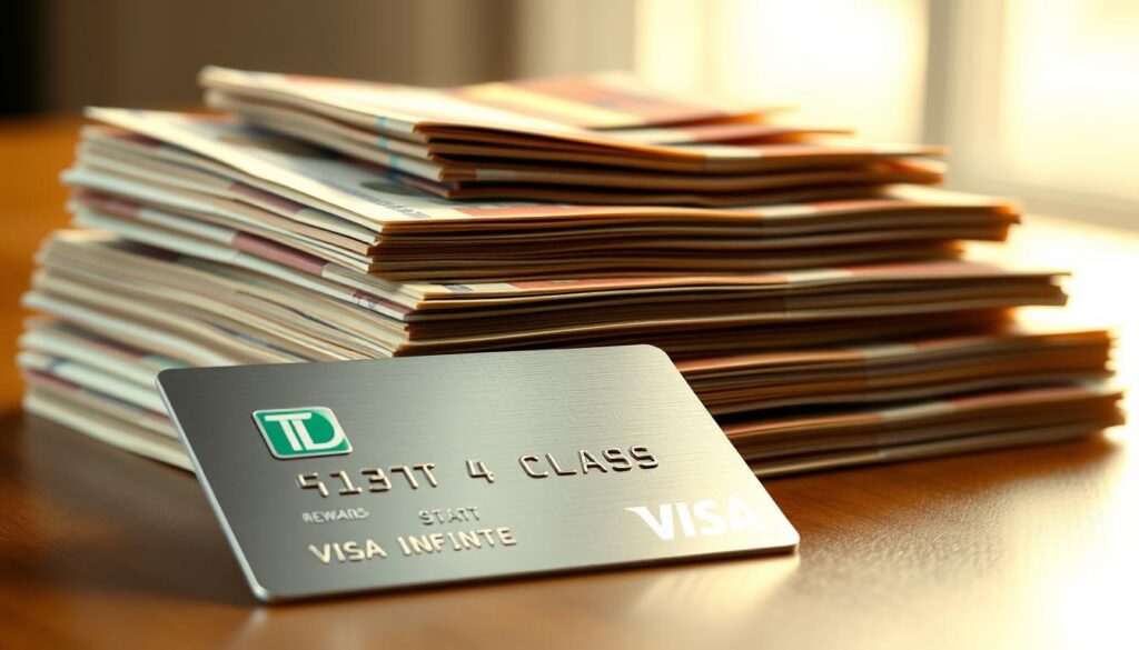 A vibrant, ultra-high definition image of a stack of Canadian dollar bills, neatly arranged in a visually striking pyramid formation. The lighting is soft and diffused, creating a warm, inviting atmosphere. The bills appear crisp and clean, their edges perfectly aligned, evoking a sense of order and financial optimization. In the foreground, a metallic credit card with the "TD First Class Visa Infinite" logo is prominently displayed, casting a subtle reflective glow across the scene. The overall composition emphasizes the idea of maximizing rewards and minimizing fees, inviting the viewer to consider the financial benefits of the credit card.