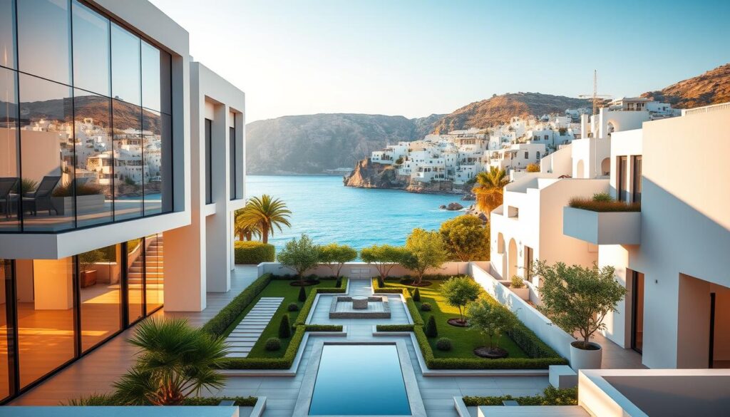 A visually striking architectural rendering of a well-designed residential real estate investment property in Greece. The foreground features a contemporary, clean-lined building with sleek glass facades, accentuated by sharp angles and geometric forms. The middle ground showcases a lush, meticulously landscaped courtyard with manicured greenery and a tranquil water feature. The background depicts a picturesque Greek seaside town, with whitewashed buildings cascading down the hillside, framed by the sparkling azure waters of the Aegean Sea. The lighting is warm and golden, creating a sense of inviting ambiance. The overall scene conveys an atmosphere of sophisticated elegance, smart investment, and the promise of a rewarding property venture.