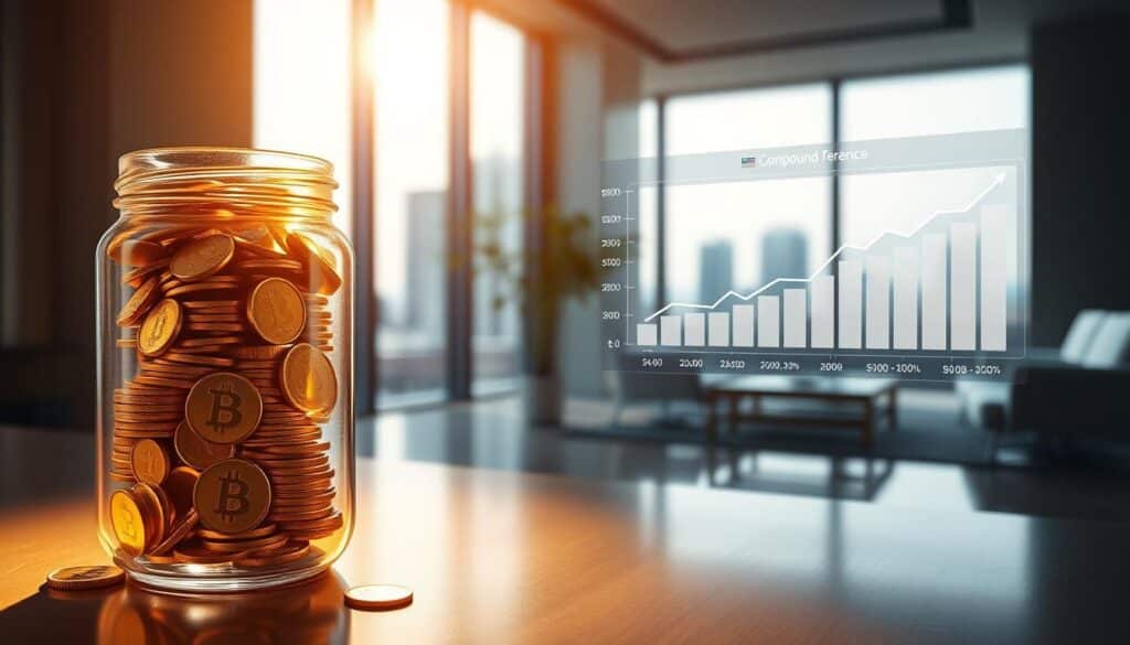 A well-lit, high-angle view of a glass jar filled with stacks of gold coins, reflecting the warm glow of a soft spotlight. In the middle ground, a digital banking interface displays a growing chart of compound interest rates, symbolizing the power of high-yield savings. The background features a serene, minimalist office setting with sleek, modern furniture and a large window overlooking a cityscape, suggesting a professional, affluent environment conducive to long-term wealth building.