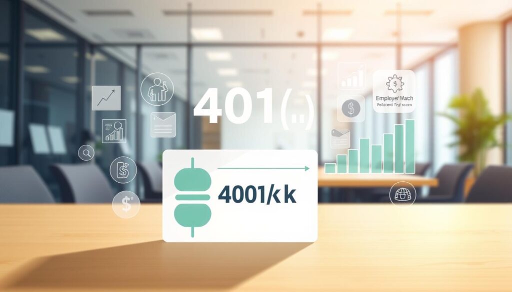 A well-lit, high-resolution illustration depicting a 401(k) plan match, showcasing an employee's savings in a retirement account and their employer's corresponding contribution. The foreground should feature a clear visualization of the 401(k) account, with intuitive icons and infographic elements to represent the employer match. The middle ground could include stylized financial charts and graphs, conveying the growth potential of the retirement plan. The background should evoke a professional, modern office setting, with subtle design elements that reinforce the concept of smart retirement planning. A well-lit, high-resolution illustration depicting a 401(k) plan match, showcasing an employee's savings in a retirement account and their employer's corresponding contribution. The foreground should feature a clear visualization of the 401(k) account, with intuitive icons and infographic elements to represent the employer match. The middle ground could include stylized financial charts and graphs, conveying the growth potential of the retirement plan. The background should evoke a professional, modern office setting, with subtle design elements that reinforce the concept of smart retirement planning.