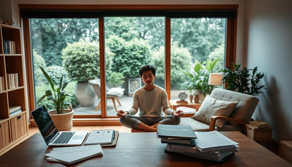 A well-lit, minimalist study with natural wooden furnishings and a large window overlooking a lush garden. On the desk, a laptop, a planner, and a stack of organized financial documents. A person sits cross-legged in a comfortable armchair, deep in contemplation, their expression serene and focused. Soft, ambient lighting casts a warm glow, emphasizing the tranquil atmosphere. The overall scene conveys a sense of mindful financial planning, with an emphasis on simplicity, organization, and a connection to the natural world. A well-lit, minimalist study with natural wooden furnishings and a large window overlooking a lush garden. On the desk, a laptop, a planner, and a stack of organized financial documents. A person sits cross-legged in a comfortable armchair, deep in contemplation, their expression serene and focused. Soft, ambient lighting casts a warm glow, emphasizing the tranquil atmosphere. The overall scene conveys a sense of mindful financial planning, with an emphasis on simplicity, organization, and a connection to the natural world.