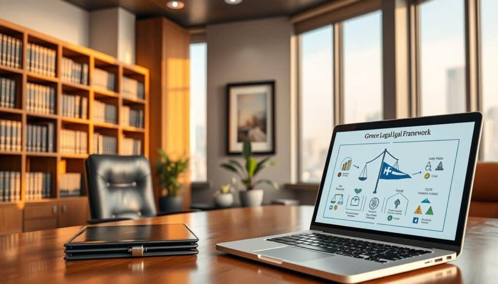 A well-lit, modern office interior with a large wooden desk, a bookshelf filled with legal tomes, and a plush leather chair. In the foreground, a laptop displays a digital representation of the Greek legal framework for commercial transactions, with icons and diagrams illustrating key concepts. The middle ground features a potted plant and a framed artwork, creating a professional and sophisticated ambiance. The background showcases large windows overlooking a bustling city skyline, bathed in warm, natural lighting. The overall composition conveys a sense of authority, expertise, and attention to detail in the legal aspects of commercial activities. A well-lit, modern office interior with a large wooden desk, a bookshelf filled with legal tomes, and a plush leather chair. In the foreground, a laptop displays a digital representation of the Greek legal framework for commercial transactions, with icons and diagrams illustrating key concepts. The middle ground features a potted plant and a framed artwork, creating a professional and sophisticated ambiance. The background showcases large windows overlooking a bustling city skyline, bathed in warm, natural lighting. The overall composition conveys a sense of authority, expertise, and attention to detail in the legal aspects of commercial activities.