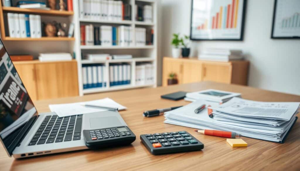 A well-lit office scene with a wooden desk, a laptop, a calculator, and a stack of financial documents. On the desk, a variety of tools are neatly arranged, including a pen, highlighter, and sticky notes. The background features a bookshelf filled with finance-related books and a framed financial chart on the wall. The scene has a professional, organized, and productive atmosphere, capturing the essence of a financial advisor's workspace and the technology they utilize to support their clients.