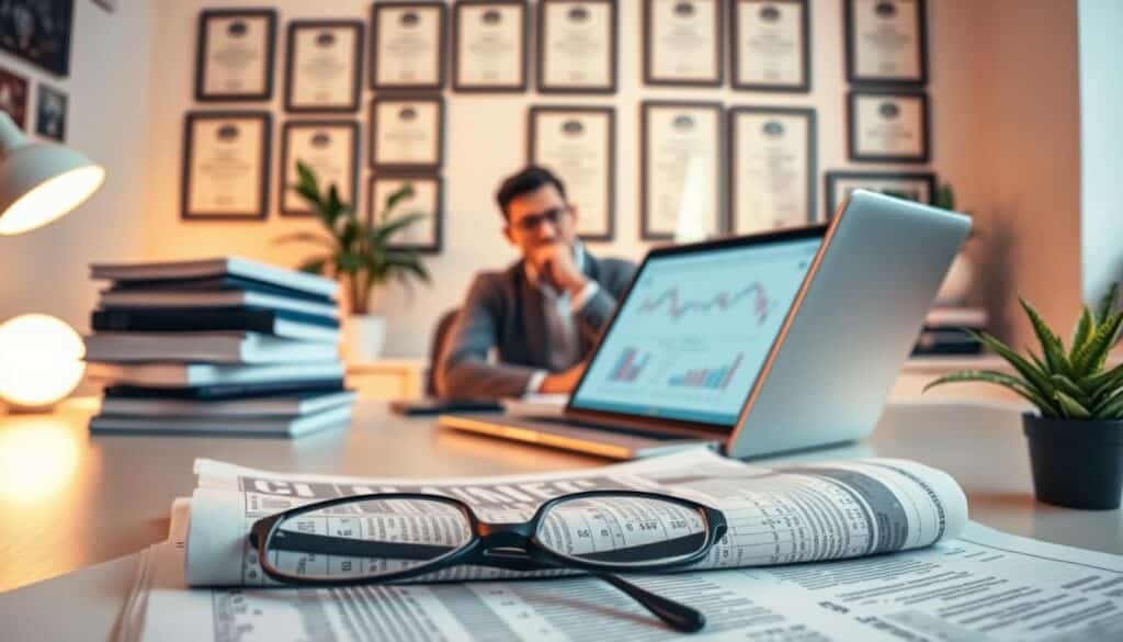 A well-lit study featuring a desktop workspace with a laptop, a stack of books, and a small potted plant. In the foreground, a pair of eyeglasses rests on a financial newspaper. The middle ground showcases a thoughtful investor analyzing financial charts and graphs on the laptop screen. The background depicts a wall adorned with framed financial certificates, conveying a sense of stability and professionalism. The lighting is warm and inviting, creating a contemplative atmosphere, reflecting the prudent and responsible approach to investing.