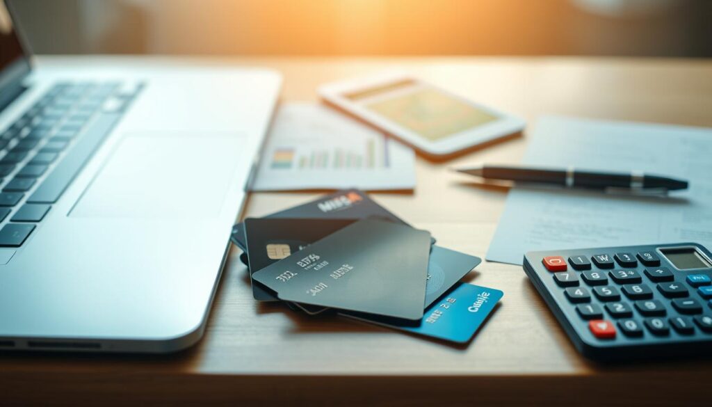 A well-organized desk with various credit cards neatly arranged, accompanied by a laptop, a calculator, and a pen. The scene is bathed in warm, soft lighting, creating a sense of focus and productivity. The cards are positioned in a visually appealing manner, suggesting a systematic approach to managing multiple financial accounts. The background is slightly blurred, emphasizing the importance of the cards and financial management tools. The overall atmosphere conveys a sense of financial responsibility and control.