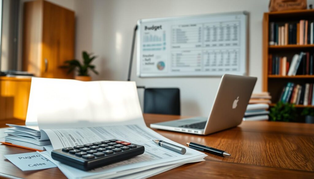 A well-organized home office with a sturdy wooden desk, a modern laptop, and a stack of files. In the foreground, a calculator and a pen resting on top of meticulously organized financial documents. Warm, diffused lighting from a window illuminates the scene, casting a serene, contemplative atmosphere. In the middle ground, a wall-mounted whiteboard displays a detailed budget plan, illustrating the strategic approach to debt management. The background features bookshelves filled with financial literature, reinforcing the notion of financial literacy and responsible decision-making.