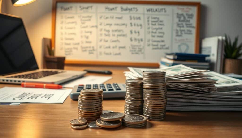 A well-organized office desk with a laptop, calculator, and neatly stacked financial documents. In the foreground, a stack of coins and bills, symbolizing budgeting and financial control. The middle ground features a whiteboard or corkboard with handwritten notes, checklists, and budgeting tips. The background has a warm, focused lighting, creating a productive and deliberate atmosphere. The overall scene conveys a sense of financial organization, planning, and empowerment.