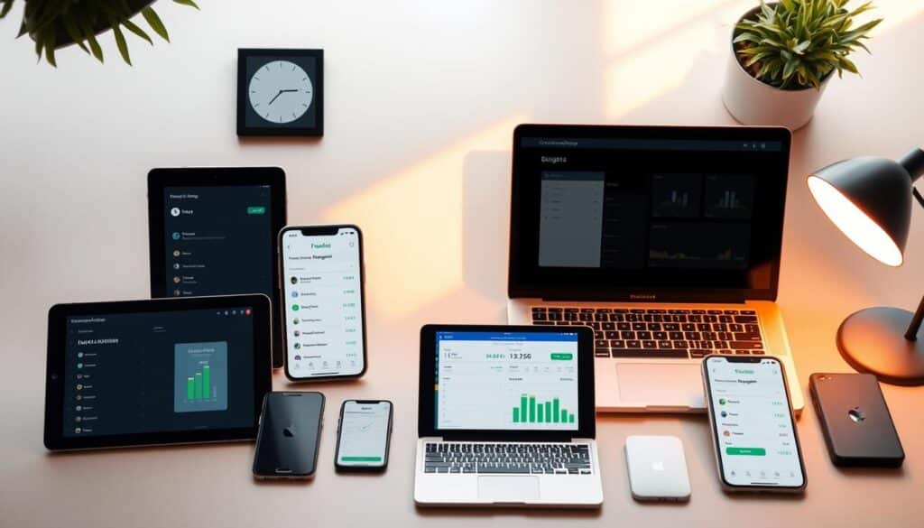 A well-organized workspace with sleek, minimalist budgeting apps displayed on a variety of modern digital devices - smartphones, tablets, and laptops. The scene is bathed in warm, soft lighting, creating a calming and focused atmosphere. The devices are arranged in a visually pleasing, symmetrical layout, highlighting the user-friendly interfaces and intuitive money management tools. The background is a muted, neutral color palette that allows the apps to take center stage, conveying a sense of efficiency and control over personal finances. The overall composition emanates a sense of organization, productivity, and financial empowerment. A well-organized workspace with sleek, minimalist budgeting apps displayed on a variety of modern digital devices - smartphones, tablets, and laptops. The scene is bathed in warm, soft lighting, creating a calming and focused atmosphere. The devices are arranged in a visually pleasing, symmetrical layout, highlighting the user-friendly interfaces and intuitive money management tools. The background is a muted, neutral color palette that allows the apps to take center stage, conveying a sense of efficiency and control over personal finances. The overall composition emanates a sense of organization, productivity, and financial empowerment.