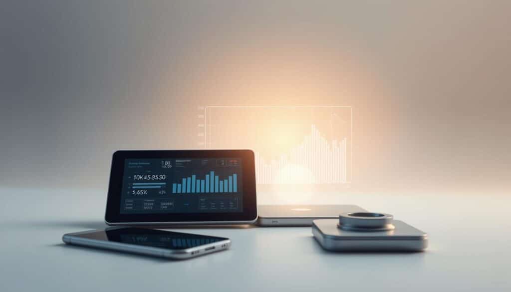 An elegant, minimalist composition depicting the intersection of technology and economic management. The foreground features sleek, metallic devices and interfaces - a tablet, smartphone, and a holographic display projecting financial data. The middle ground showcases a stylized graph or chart, symbolizing data analysis and informed decision-making. The background is a serene, muted palette of soft grays and blues, conveying a sense of balance and stability. Subtle lighting from above casts a warm, focused glow on the technological elements, creating depth and emphasis. The overall mood is one of efficiency, precision, and the harmonious integration of digital tools into the realm of economics and finance.