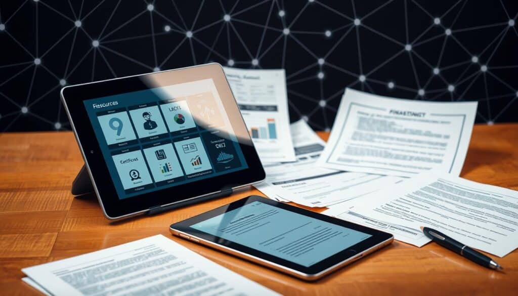 An elegantly composed scene showcasing a variety of financial resources. In the foreground, a sleek tablet display presents investment options, digital banking interfaces, and budgeting tools. Surrounding it, an array of physical financial documents, such as stock certificates, loan agreements, and insurance policies, are neatly arranged on a warm-toned wooden desk. Soft, directional lighting accentuates the details, creating a sense of professionalism and thoughtful consideration. In the background, a geometric pattern of interconnected lines and shapes symbolizes the complex web of financial instruments, creating a visually striking and informative composition.