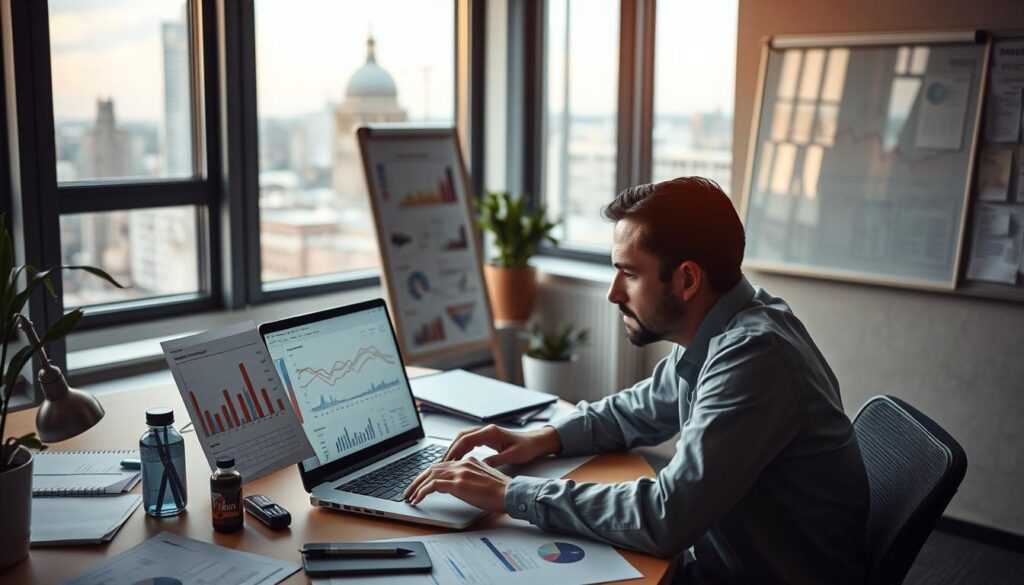 An office setting with a researcher intently studying market data on a laptop screen, surrounded by charts, graphs, and research materials. Soft, warm lighting casts a pensive mood, as the analyst delves deep into understanding consumer trends and industry insights. In the background, a whiteboard displays key market indicators, while a window overlooking a cityscape provides a sense of context and connection to the broader economic environment. The composition emphasizes the focused, analytical nature of market research, with attention to detail and a thoughtful, contemplative atmosphere. An office setting with a researcher intently studying market data on a laptop screen, surrounded by charts, graphs, and research materials. Soft, warm lighting casts a pensive mood, as the analyst delves deep into understanding consumer trends and industry insights. In the background, a whiteboard displays key market indicators, while a window overlooking a cityscape provides a sense of context and connection to the broader economic environment. The composition emphasizes the focused, analytical nature of market research, with attention to detail and a thoughtful, contemplative atmosphere.