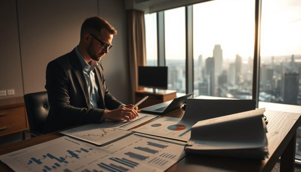 Detailed financial analysis of capital markets unfolds within a dimly lit, elegant office setting. In the foreground, a wooden desk displays analytical charts, data-rich spreadsheets, and a focused professional examining the information. The middle ground reveals a panoramic view of a bustling cityscape through floor-to-ceiling windows, symbolizing the far-reaching impact of market insights. Soft, warm lighting casts a pensive atmosphere, while the clean, minimalist decor underscores the precision and rigor of the market research process. An air of contemplation and deep strategic thinking permeates the scene, inviting the viewer to engage with the complexities of capital market analysis.