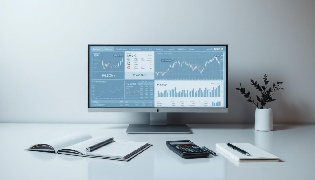 Detailed financial charts and graphs on a sleek, minimalist workspace. Elegant lines, geometric shapes, and muted colors create a sense of order and professionalism. Soft, directional lighting casts subtle shadows, highlighting key data visualizations. A large, high-resolution monitor displays complex market analysis, with subtle infographics and clean typography. Surrounding the screen, a tidy arrangement of notebooks, pens, and a calculator suggest a methodical, analytical approach. The overall composition evokes a serene, focused atmosphere conducive to in-depth capital market study.