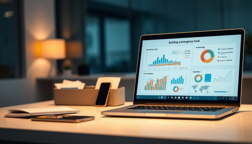 Detailed financial data visualizations displayed on a sleek minimalist desktop setup. In the foreground, a laptop screen shows graphs, charts, and infographics about building an emergency fund, with a warm, focused lighting. In the middle ground, a modern desk organizer holds essential documents and a smartphone, conveying a sense of organized preparedness. The background features a serene, blurred office environment with clean lines and muted colors, creating a calm, professional atmosphere conducive to sound financial planning. Detailed financial data visualizations displayed on a sleek minimalist desktop setup. In the foreground, a laptop screen shows graphs, charts, and infographics about building an emergency fund, with a warm, focused lighting. In the middle ground, a modern desk organizer holds essential documents and a smartphone, conveying a sense of organized preparedness. The background features a serene, blurred office environment with clean lines and muted colors, creating a calm, professional atmosphere conducive to sound financial planning.