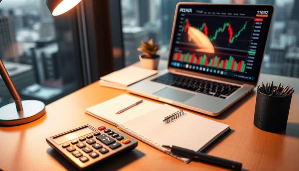 Detailed image of investing basics: A clean, minimalist desk with essential financial tools - a calculator, pen, notebook, and a laptop displaying stock charts. Warm, soft lighting from a desk lamp illuminates the scene. The background is a blurred, out-of-focus cityscape, suggesting a professional, urban setting. The overall mood is one of focus, organization, and financial diligence. The image conveys the idea of smart, fundamental investing for beginners, aligning with the article's subject and section title. Detailed image of investing basics: A clean, minimalist desk with essential financial tools - a calculator, pen, notebook, and a laptop displaying stock charts. Warm, soft lighting from a desk lamp illuminates the scene. The background is a blurred, out-of-focus cityscape, suggesting a professional, urban setting. The overall mood is one of focus, organization, and financial diligence. The image conveys the idea of smart, fundamental investing for beginners, aligning with the article's subject and section title.