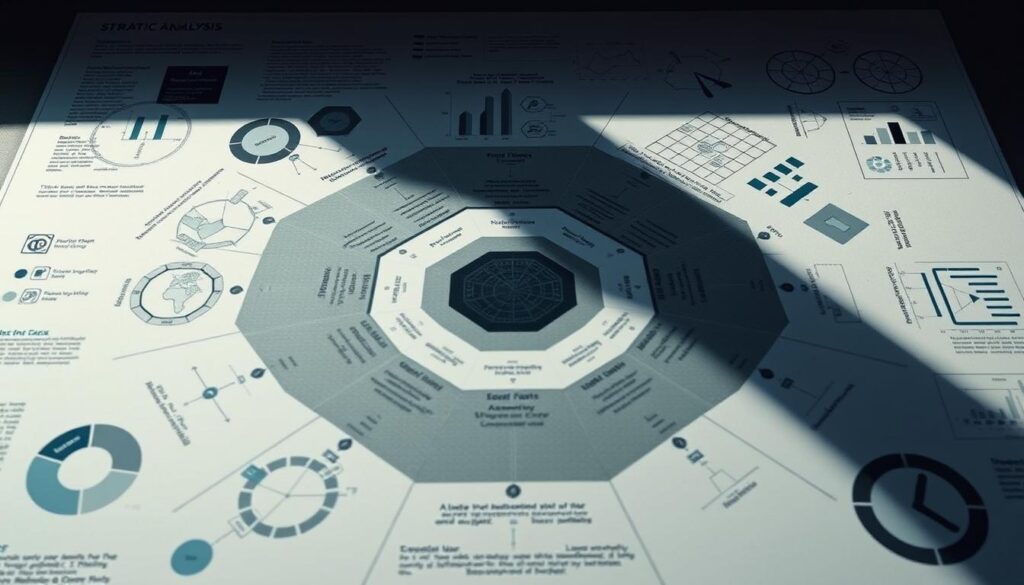 Detailed strategic analysis diagram with intricate data visualizations. A central hexagonal grid serves as the foundation, surrounded by interconnected nodes and graphs depicting complex risk factors, decision variables, and analytical frameworks. The scene is rendered in a muted color palette of blues, grays, and greens, conveying a sense of thoughtful deliberation. Subtle lighting casts dramatic shadows, emphasizing the depth and dimensionality of the various elements. The overall composition is balanced and aesthetically pleasing, inviting the viewer to delve into the intricacies of the strategic analysis process.