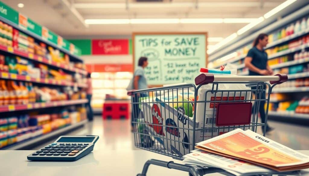 Grocery cart overflowing with discounted items, shelves stocked with branded products, shoppers browsing colorful aisles under bright, warm lighting. In the foreground, a calculator and a stack of coupons, symbolizing the practical ways to cut everyday expenses. The middle ground features a bulletin board with handwritten tips on saving money, while the background showcases a vibrant, modern supermarket interior with clean, minimalist design. The overall atmosphere conveys a sense of savings, efficiency, and a savvy approach to household budgeting.