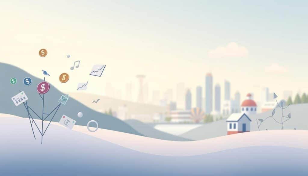 Investing basics for beginners and intermediate savers: A modern, minimalist illustration depicting a serene financial landscape. In the foreground, various investment icons like stocks, bonds, and real estate float gently, representing the core asset classes. The middle ground showcases a stylized graph charting financial growth, with clean lines and a soothing color palette. In the background, a softly blurred cityscape suggests the broader economic context, conveying a sense of stability and long-term opportunity. The lighting is soft and diffused, creating a calm, contemplative mood. The overall composition is balanced and elegant, guiding the viewer's eye through the key elements of smart, foundational investing. Investing basics for beginners and intermediate savers: A modern, minimalist illustration depicting a serene financial landscape. In the foreground, various investment icons like stocks, bonds, and real estate float gently, representing the core asset classes. The middle ground showcases a stylized graph charting financial growth, with clean lines and a soothing color palette. In the background, a softly blurred cityscape suggests the broader economic context, conveying a sense of stability and long-term opportunity. The lighting is soft and diffused, creating a calm, contemplative mood. The overall composition is balanced and elegant, guiding the viewer's eye through the key elements of smart, foundational investing.